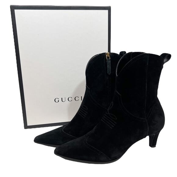 Gucci Black Western Suede Ankle Bootie Boots Size EU 37.5 - Picture 2 of 16